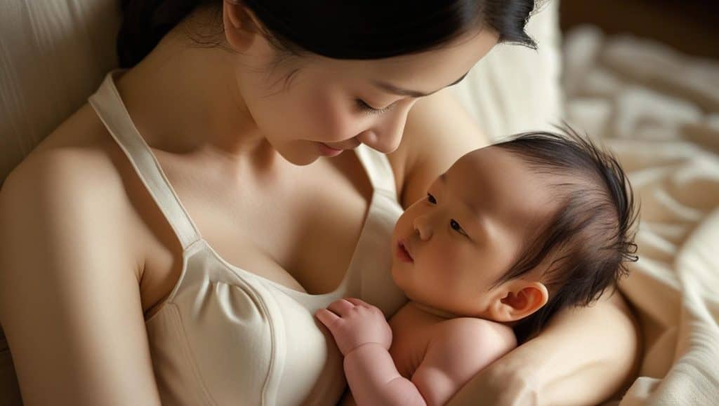 Mom nursing infant, mother and baby bonding, intimate mother-child moment, caring mother with newborn, maternal love, breastfeeding bond, warm family connection, nurturing mother and infant, cozy indoor setting with soft lighting.