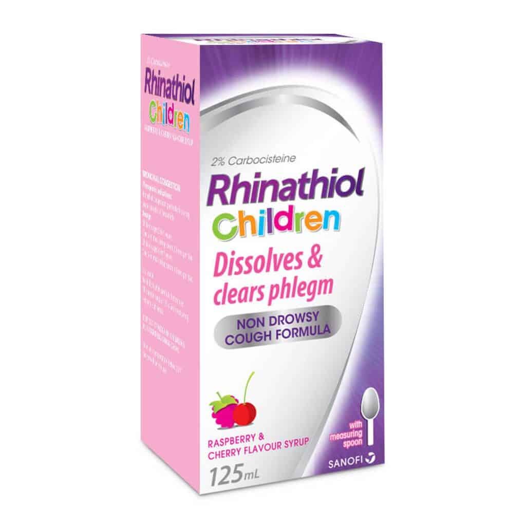 Child-friendly Rhinathiol Children cough syrup in pink and purple packaging, designed to soothe children's coughs with raspberry and cherry flavor, non-drowsy formula.